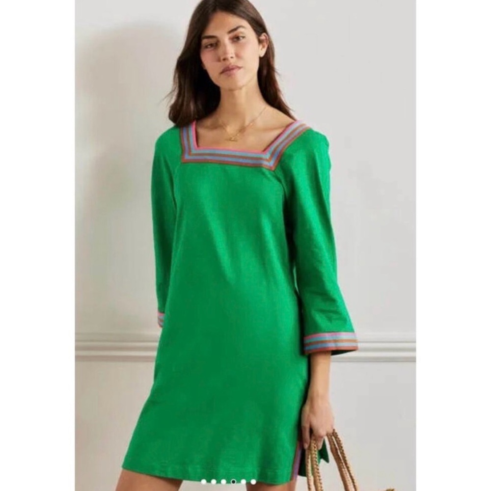 Boden Kelly Green Dress Embroidered Emerald Size 12 Large XL Knee Length